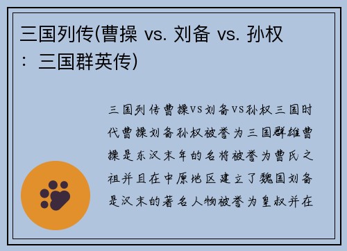 三国列传(曹操 vs. 刘备 vs. 孙权 ：三国群英传)