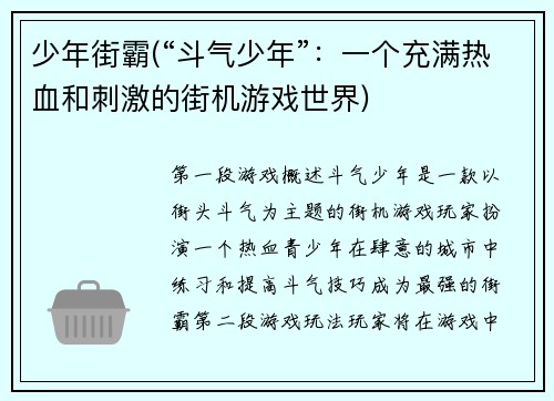 少年街霸(“斗气少年”：一个充满热血和刺激的街机游戏世界)